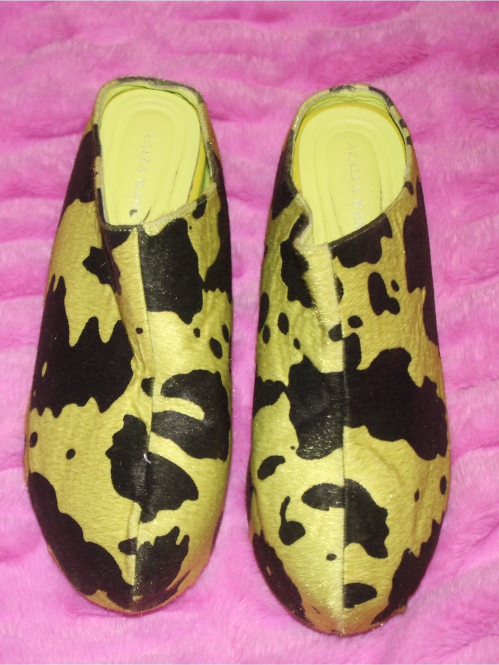 Cowhide Print Slip-On Mules in Yellow and Black